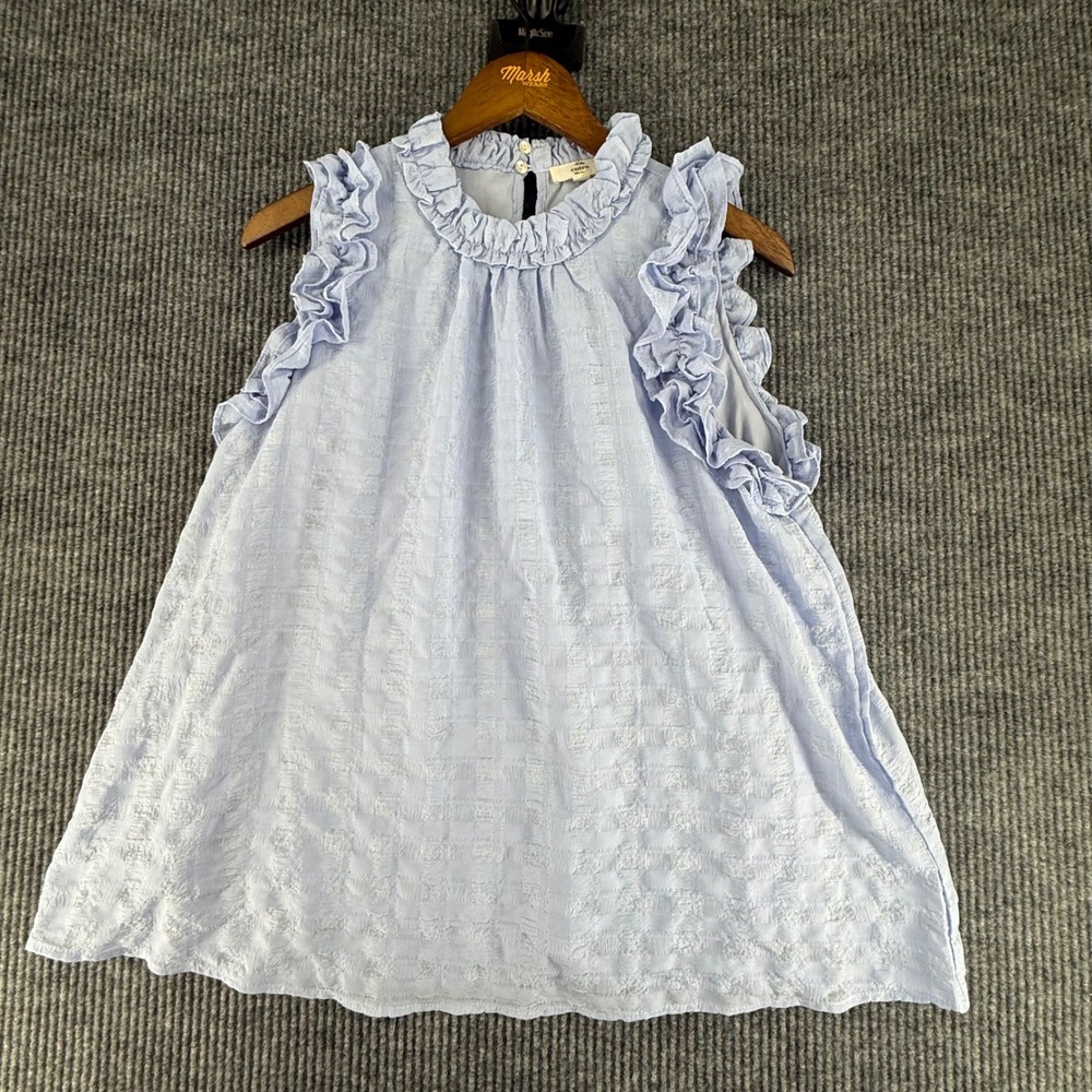 Entro Blouse Womens Large Blue Excellent Ruffle Neck‎ Sleeveless Textured Top